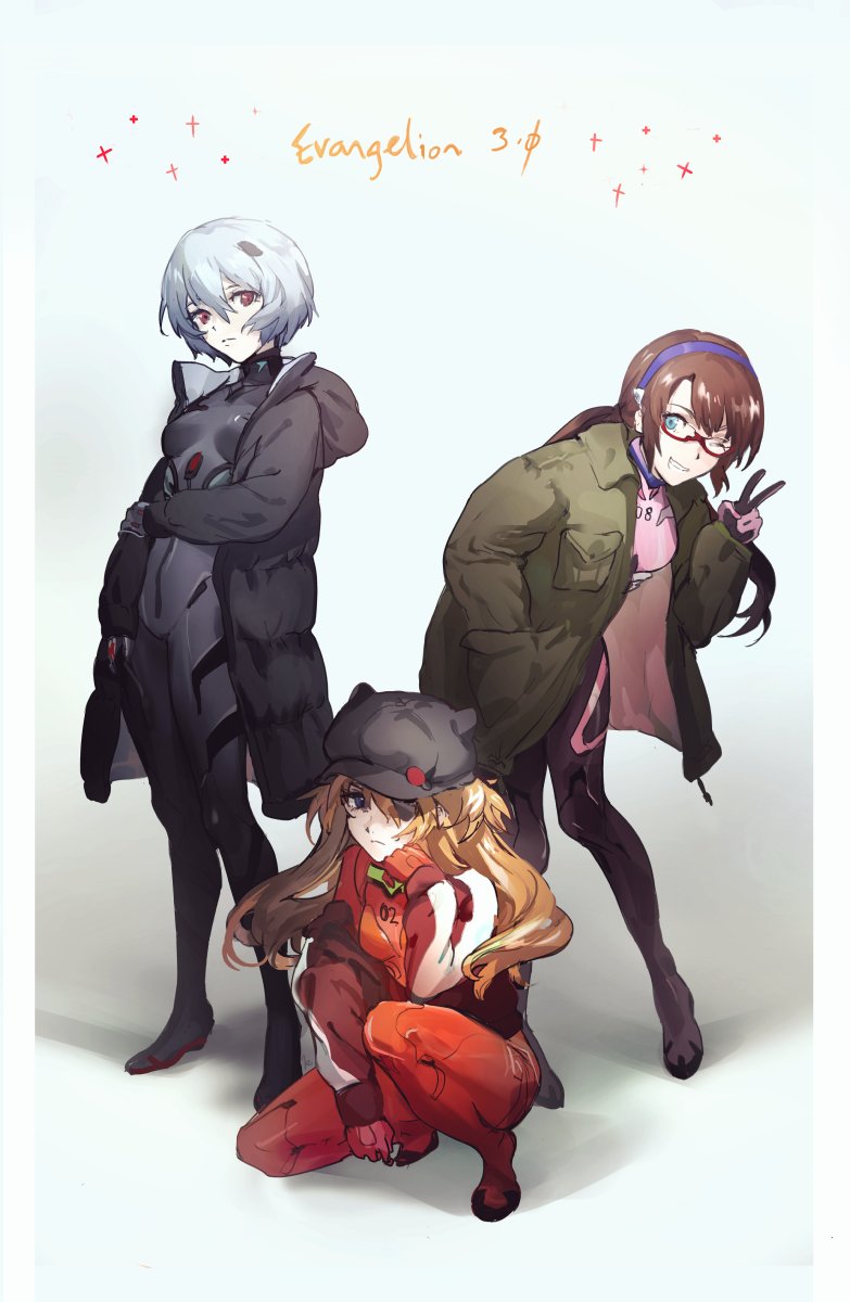 3girls animal_hat ayanami_rei black_bodysuit black_coat blue_eyes blue_hair bodysuit brown_hair cat_hat evangelion:_3.0_you_can_(not)_redo eyepatch glasses gradient gradient_background green_coat grin hairband hat highres jacket k_(sktchblg) looking_at_viewer makinami_mari_illustrious multicolored multicolored_bodysuit multicolored_clothes multiple_girls neon_genesis_evangelion orange_hair pilot_suit plugsuit rebuild_of_evangelion red-framed_eyewear red_bodysuit red_eyes red_jacket short_hair smile souryuu_asuka_langley squatting standing twintails v white_background