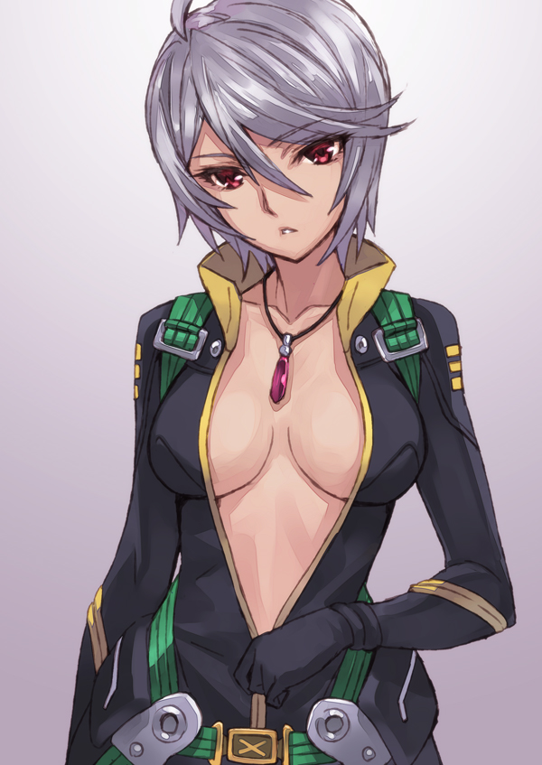 1girl ahoge bodysuit breasts cleavage jewelry large_breasts looking_at_viewer matsuryuu necklace pendant red_eyes short_hair silver_hair solo uchuu_senkan_yamato uchuu_senkan_yamato_2199 unzipping yamamoto_akira