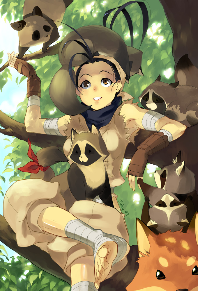 animal ankle_wraps armpits bandage bandages barefoot crossed_legs don_(street_fighter) feet fingerless_gloves fox gloves ibuki japanese_clothes juby legs_crossed nature ninja raccoon sitting street_fighter street_fighter_iii tanuki toeless_socks toes tree