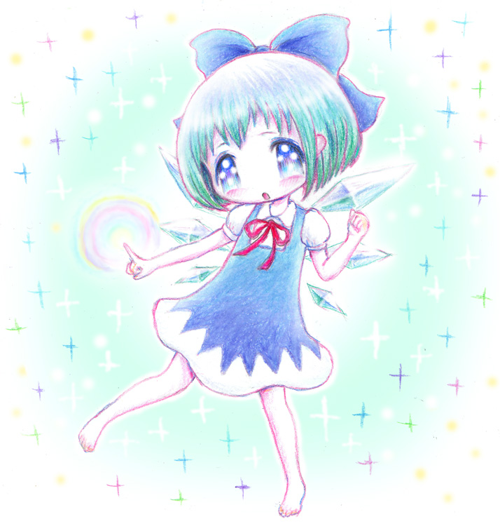 barefoot blue_eyes blush cirno colored_pencil_(medium) dress green_hair ice ice_wings leica open_mouth short_hair solo touhou traditional_media wings