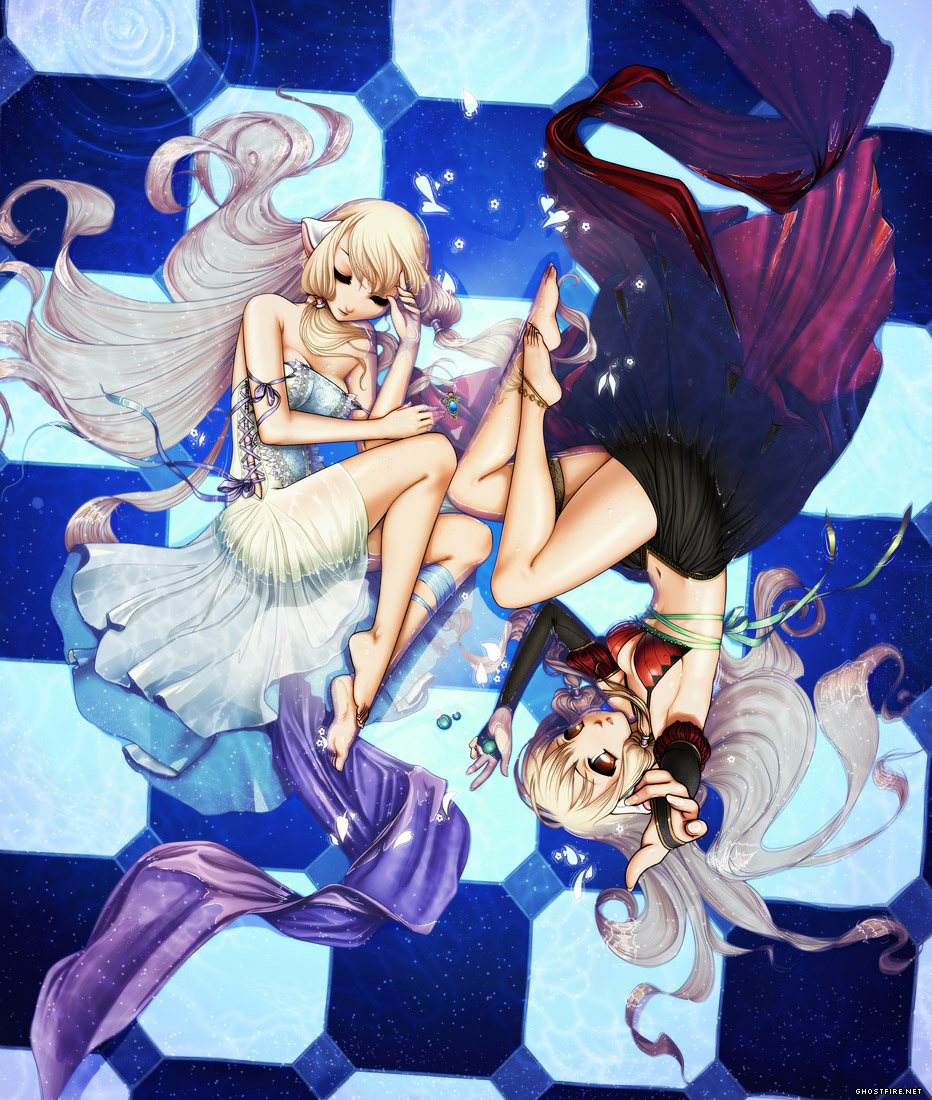 anklet bare_legs barefoot bikini_top brown_eyes checkered checkered_floor chii chobits closed_eyes cloth detached_sleeves dress eyes_closed fingernails freya hair_tubes jewelry julia_lichty long_hair long_legs long_skirt lying marble midriff multiple_girls navel outstretched_hand ribbon robot_ears see-through siblings sisters skirt sleeveless sleeveless_dress twins upside-down water watermark web_address white_dress