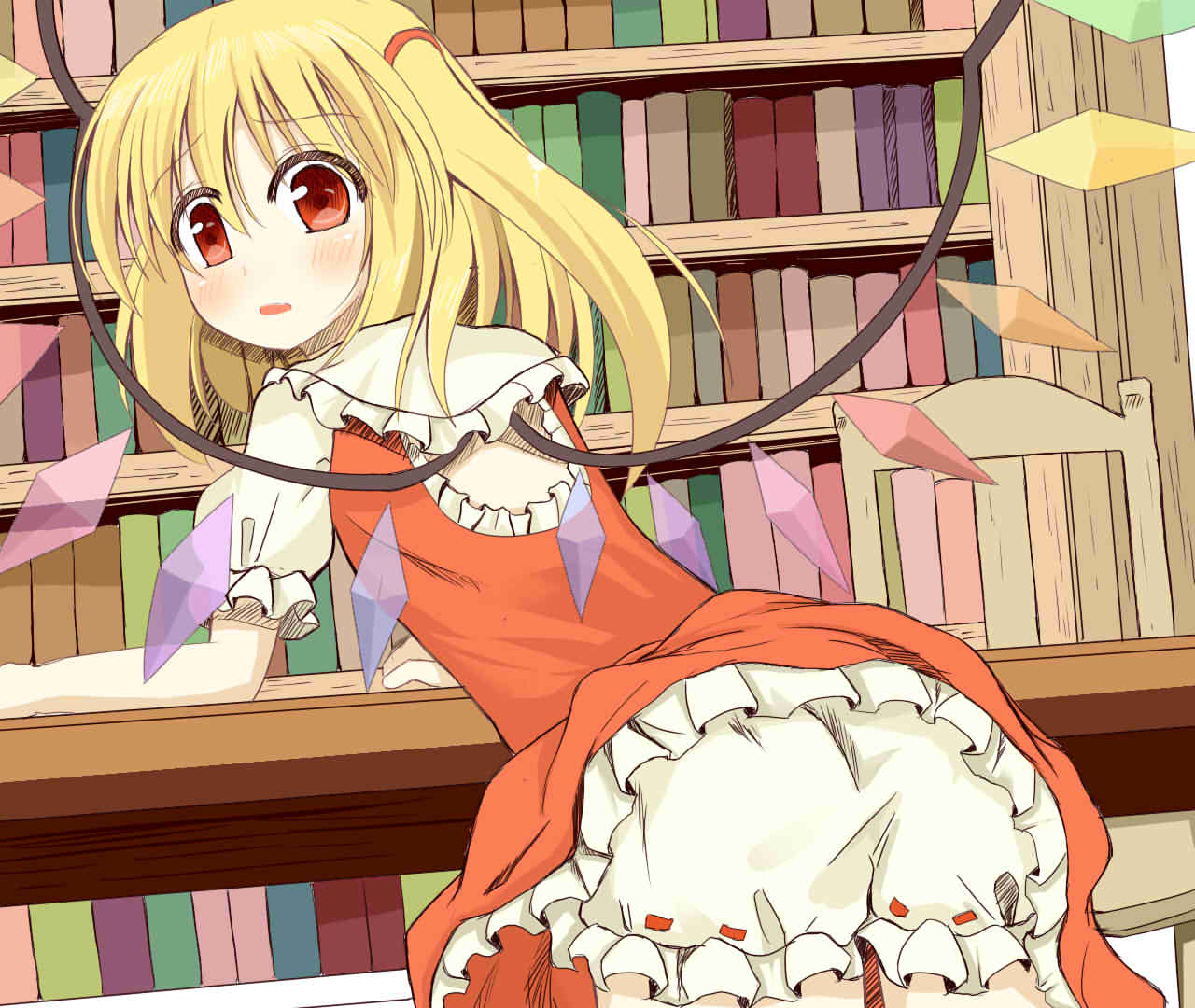 blonde_hair bloomers blush bookshelf chiyono crystal flandre_scarlet open_mouth puffy_sleeves red_eyes short_hair short_sleeves side_ponytail solo table touhou wings
