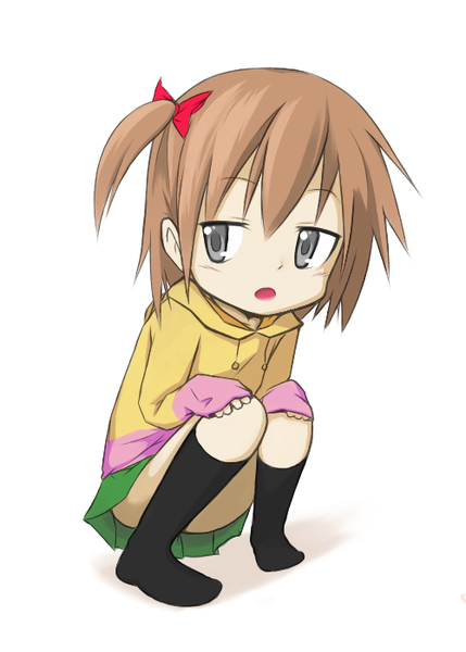 1girl black_legwear black_socks bow brown_hair censored child convenient_censoring crouching eio female grey_eyes hair_bow hands_on_knees hoodie jacket open_mouth original oversized_clothes oversized_sleeves short_hair sidetail silver_eyes skirt socks solo squatting