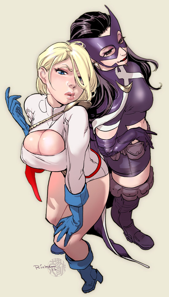 back-to-back beckon beckoning bent_over black_hair blonde_hair blue_eyes breasts cleavage cleavage_cutout come_hither dc_comics gloves helena_bertinelli huntress large_breasts leotard lips mask multiple_girls power_girl ricken smile