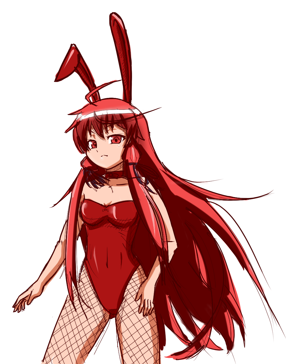 ahoge animal_ears bowtie breasts bunny_ears bunny_girl bunnysuit character_request detached_collar fishnet_pantyhose fishnets hair_ribbon highres himuro_akari long_hair mikeangel05 night_wizard pantyhose payot rabbit_ears red_eyes red_hair redhead ribbon solo strapless very_long_hair