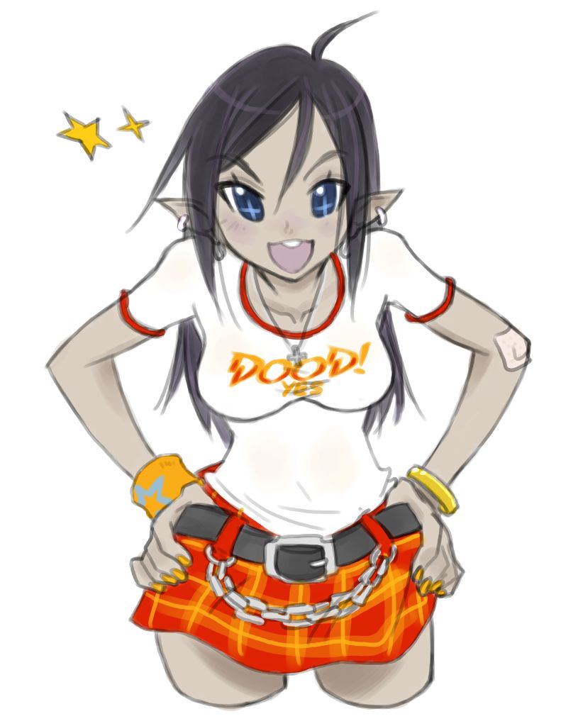 1girl :d bandaid belt black_hair blue_eyes bracelet breasts chain chains cowboy_shot cropped_legs crybringer demon_mages earrings grey_skin hands_on_hips jewelry looking_at_viewer miniskirt nail_polish necklace open_mouth original plaid plaid_skirt pointy_ears skirt smile solo star sweatband t-shirt taut_shirt white_background