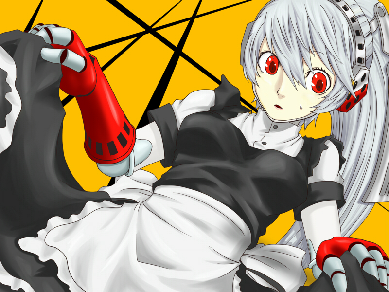 android apron aqua_hair blue_hair labrys maid persona persona_4 persona_4:_the_ultimate_in_mayonaka_arena ponytail red_eyes