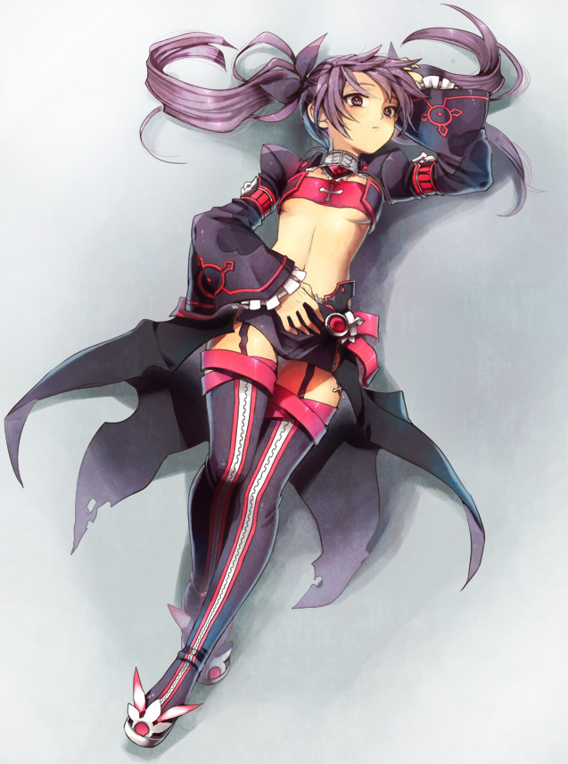 aisha_(elsword) bad_id bandeau boots breasts elsword flat_chest grey_background limble lying purple_eyes purple_hair short_hair skirt solo thigh-highs thigh_boots thighhighs twintails under_boob underboob violet_eyes