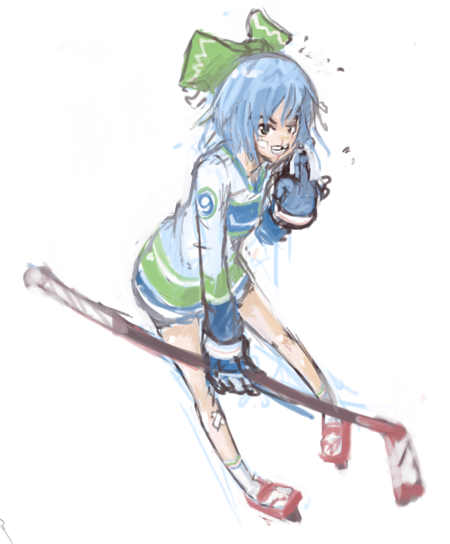 &#9320; ? bandaid blue_eyes blue_hair bow cirno gloves hair_bow hockey_stick ice_hockey ice_skates middle_finger missing_tooth national_hockey_league pan!ies pointing pointing_at_self short_hair skates socks solo sportswear touhou vancouver_canucks Ã¢â€˜Â¨ â‘¨