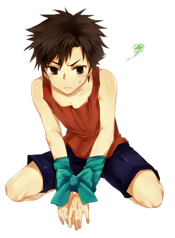 black_eyes black_hair child emiya_kiritsugu fate/zero fate_(series) male neze ribbon shorts shota solo squiggle sweatdrop tank_top tied_up young