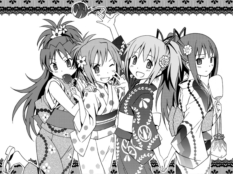 akemi_homura alternate_costume alternate_hairstyle arm_up ayukko_(forest_village) bag candy_apple dress fan fang feeding floral_print flower grin hair_flower hair_ornament hand_holding hands_on_shoulders holding_hands japanese_clothes kaname_madoka kimono long_hair mahou_shoujo_madoka_magica miki_sayaka monochrome multiple_girls obi open_mouth polka_dot polka_dot_dress ponytail sakura_kyouko sash short_hair smile wink