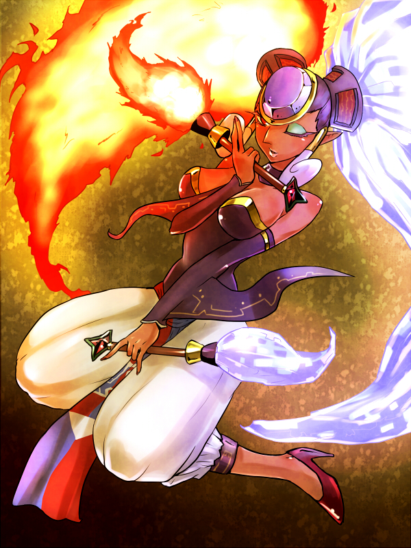 breasts dark_skin fire high_heels ice ocarina_of_time pointy_ears red_eyes red_hair redhead shoes silver_hair the_legend_of_zelda twinrova twintails wand wink