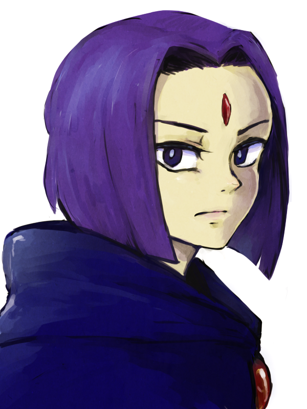 cape dc_comics forehead looking_at_viewer purple_eyes purple_hair raven_(dc) raven_(teen_titans) serious short_hair solo teen_titans tsujii violet_eyes white_background