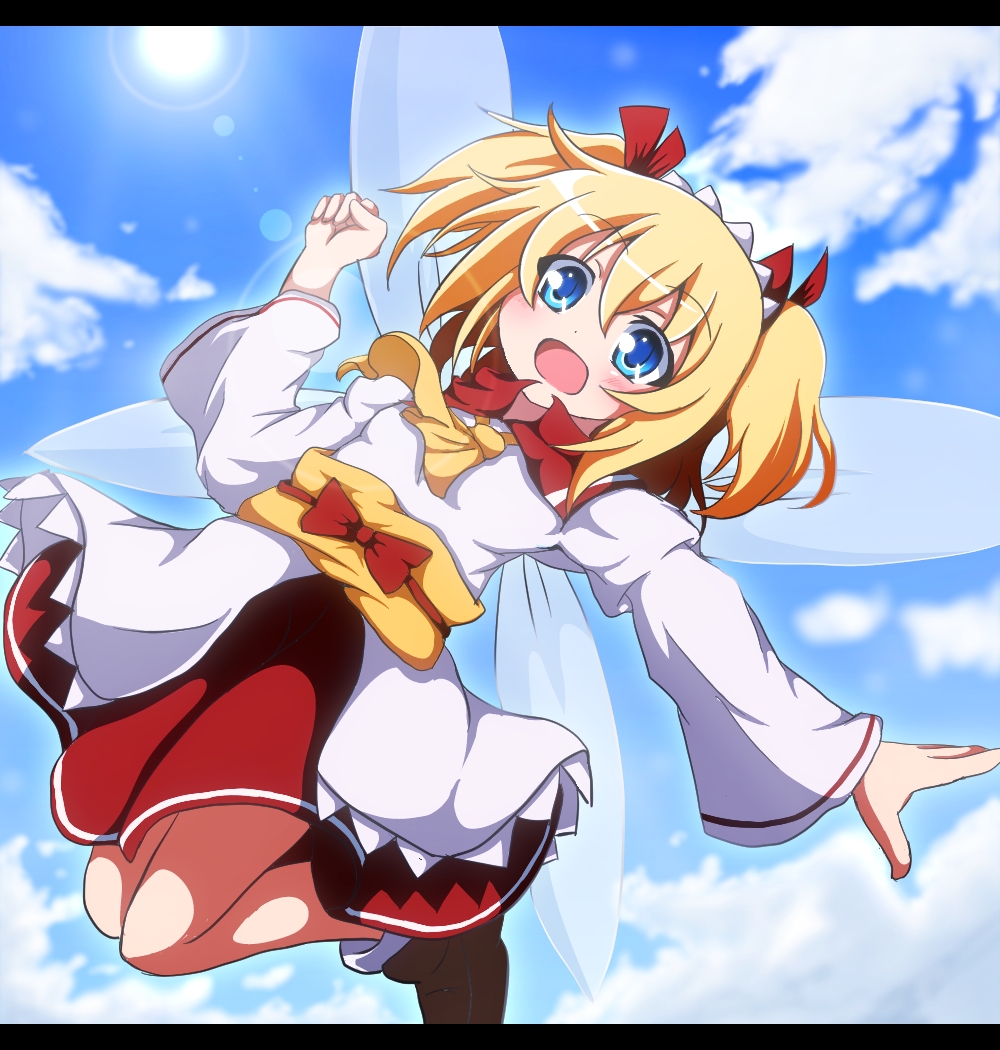 ascot blonde_hair blue_eyes blue_sky blush cloud clouds do_(4-rt) fairy fairy_wings hair_ribbon lens_flare letterboxed long_sleeves looking_at_viewer maid_headdress obi open_mouth outstretched_arm raised_fist ribbon sash shirt skirt sky solo sun sunny_milk touhou twintails wide_sleeves wings