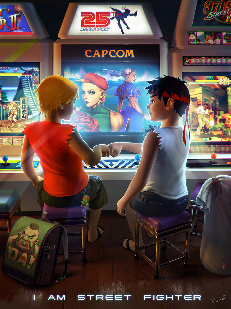 alex alex_(cameo) arcade arcade_cabinet backpack bag bare_shoulders beret black_hair blanka blonde_hair cameo cammy_white cammy_white_(cameo) child chun-li chun-li_(cameo) dhalsim dhalsim_(cameo) double_bun dudley dudley_(cameo) fist_bump from_behind hat headband ken_masters key_chain makoto male multiple_boys no_shirt pants pantyhose profile q randis ryuu_(street_fighter) sandals short_sleeves shorts sitting sleeveless sleeveless_shirt stool street_fighter street_fighter_ii street_fighter_iii:_3rd_strike super_street_fighter_ii_x twelve video_game young zangief zangief_(cameo)