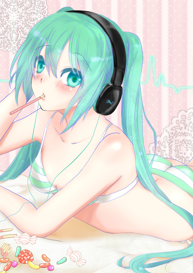 aqua_eyes aqua_hair bikini blush hatsune_miku headphones looking_at_viewer lying maronie. mouth_hold on_stomach pocky solo striped swimsuit twintails vocaloid