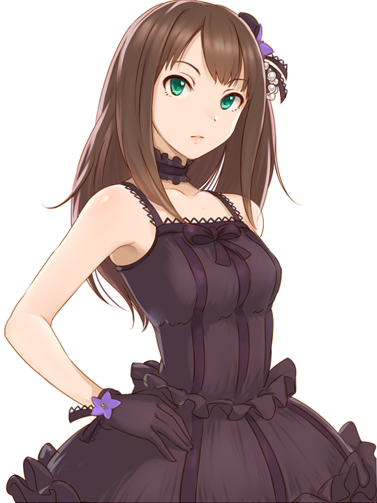 bare_shoulders breasts brown_hair dani-ikapi dress gloves green_eyes hair_ornament hand_on_hip idolmaster idolmaster_cinderella_girls long_hair shibuya_rin sleeveless sleeveless_dress solo