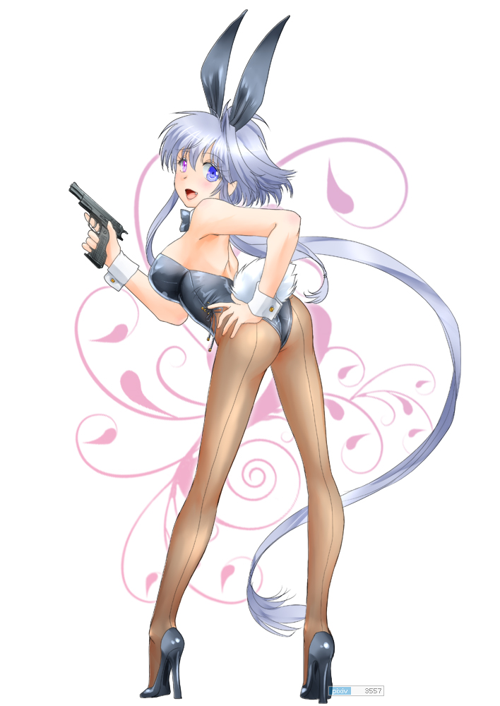 animal_ears ass blue_eyes blush bowtie bunny_ears bunny_tail bunnysuit fang gun hand_on_hip handgun heterochromia high_heels lavolpe_(yagisaka_seto) legs long_hair looking_back open_mouth original pantyhose payot purple_eyes rabbit_ears shoes silver_hair simple_background smile solo tail trigger_discipline very_long_hair violet_eyes weapon white_background wrist_cuffs yagisaka_seto