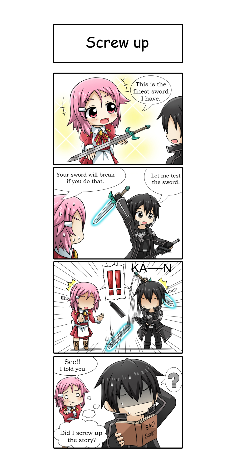 1boy 1girl apron black_hair bowtie chibi coat comic dress fingerless_gloves funny gray_eyes grey_eyes hair_ornament hairclip kirito lisbeth pink_eyes pink_hair puffy_sleeves short_hair sword sword_art_online weapon