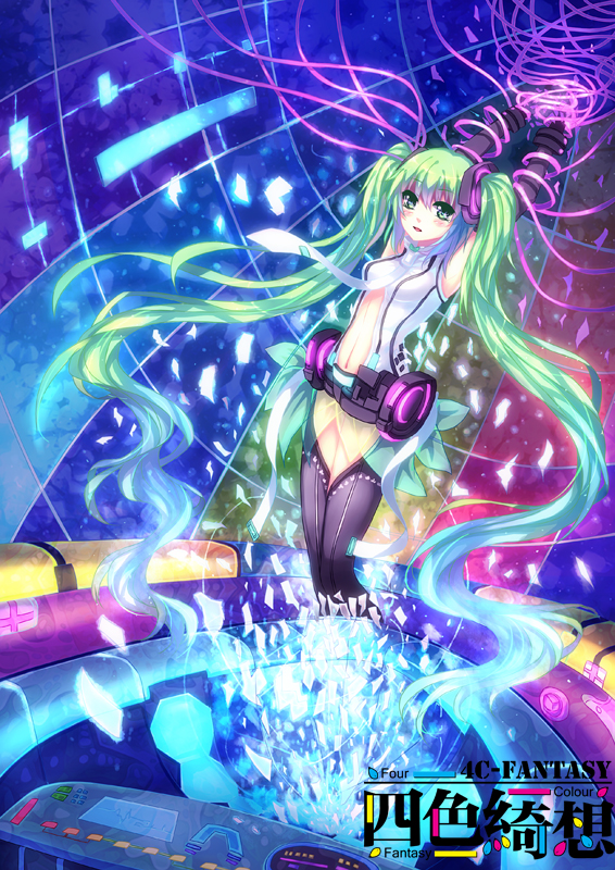 aqua_eyes aqua_hair armpits arms_up belt center_opening elbow_gloves gloves hatsune_miku hatsune_miku_(append) hayne long_hair looking_at_viewer miku_append navel necktie open_mouth solo thigh-highs thighhighs twintails very_long_hair vocaloid vocaloid_append zettai_ryouiki