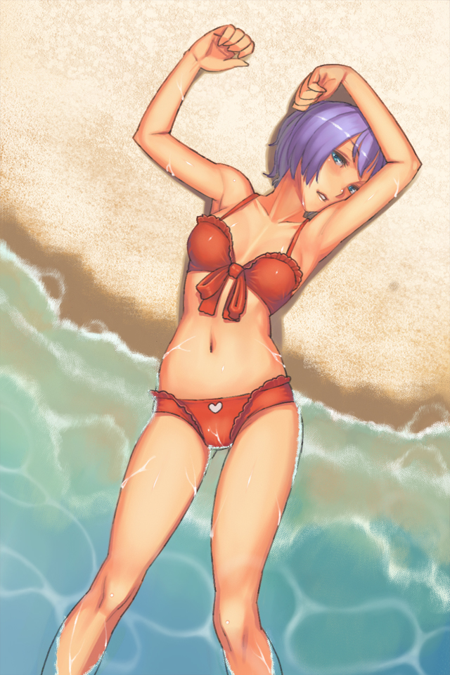 armpits arms_up bare_legs bare_shoulders bikini blue_hair breasts cleavage copyright_request feet_in_water green_eyes lying navel on_back parted_lips red_bikini short_hair soaking_feet solo swimsuit water wet yuksi