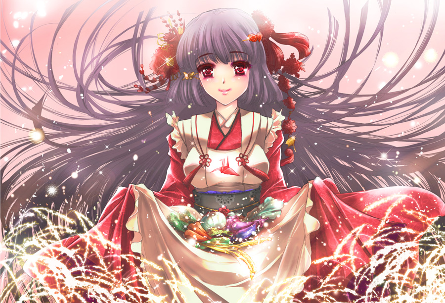 apron blush breasts carrot eggplant flower glint goddess gradient gradient_background hair_flower hair_ornament harvest japanese_clothes light_particles long_hair looking_at_viewer original paper_crane pink_background purple_hair red_eyes riria skirt_basket smile solo sparkle wheat