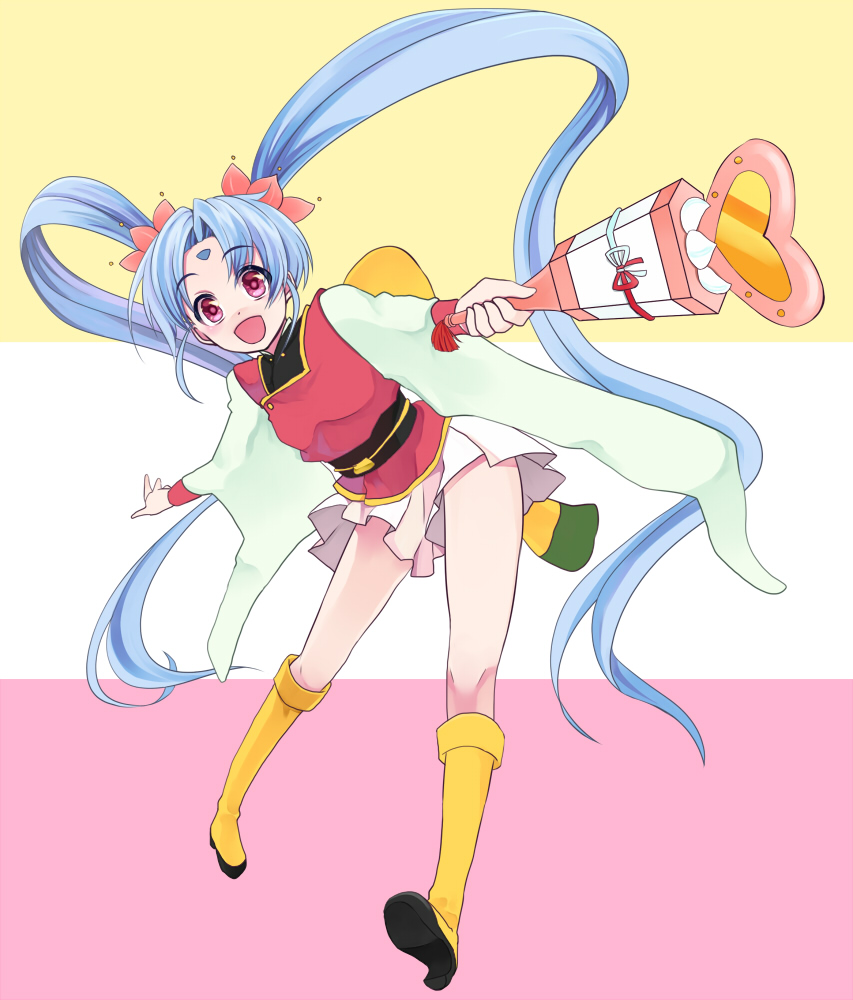 blue_hair blush boots facial_mark forehead_mark hair_ornament kawai_sasami long_hair magical_girl mahou_shoujo_pretty_sammy marblewars masaki_sasami_jurai outstretched_arm pink_eyes pretty_sammy pretty_sammy_(character) skirt smile solo tenchi_muyou! twintails wand