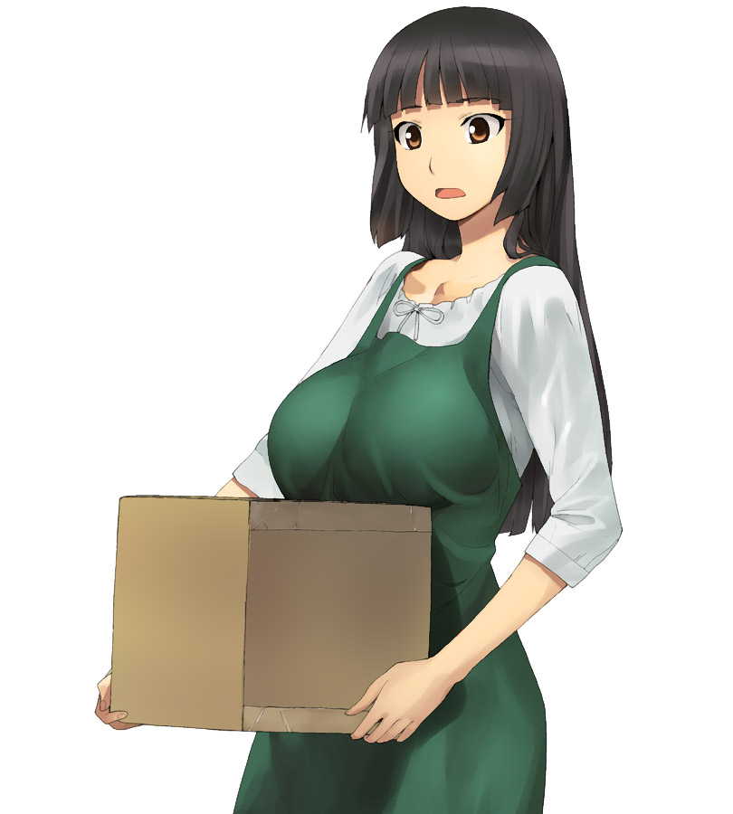 a1 amado_yuu apron bangs black_hair blunt_bangs box breasts brown_eyes cardboard_box character_request copyright_request hime_cut large_breasts long_hair open_mouth parts_no_pa simple_background solo white_background