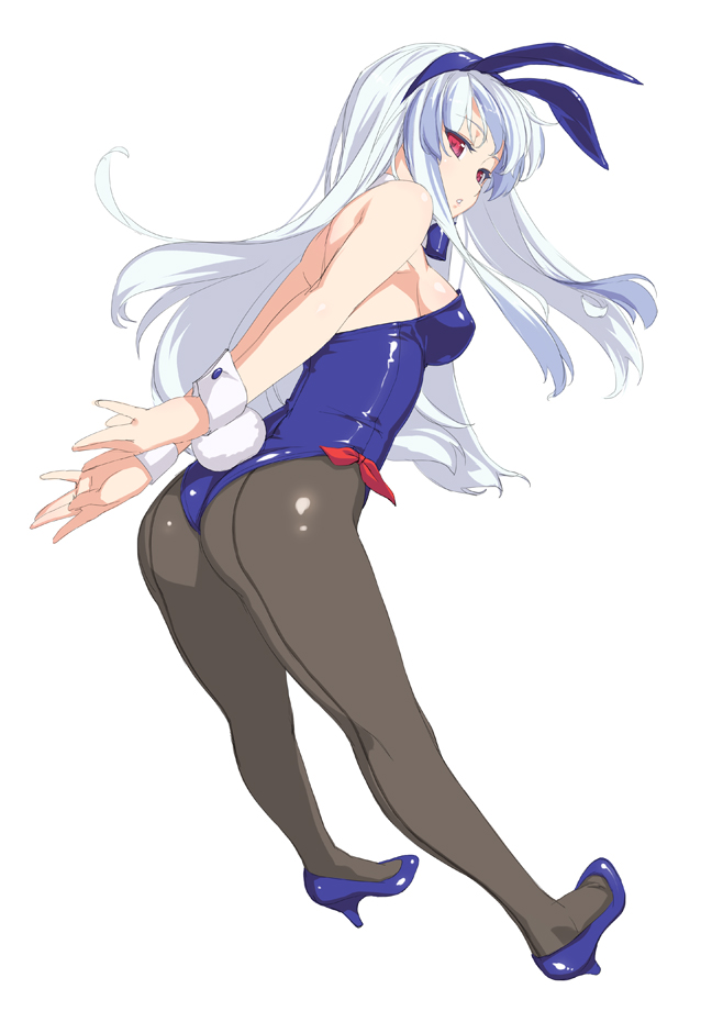 animal_ears ass breasts bunny_ears bunnysuit copyright_request high_heels kamishirasawa_keine leotard long_hair pantyhose rabbit_ears red_eyes revision rokuwata_tomoe shoes silver_hair simple_background solo touhou white_background wrist_cuffs