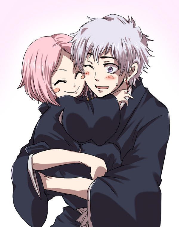 2girls ^_^ bleach blush blush_stickers closed_eyes earrings grey_eyes hug jewelry kotetsu_isane kusajishi_yachiru multiple_girls one_eye_closed open_mouth pink_hair silver_hair size_difference smile unya