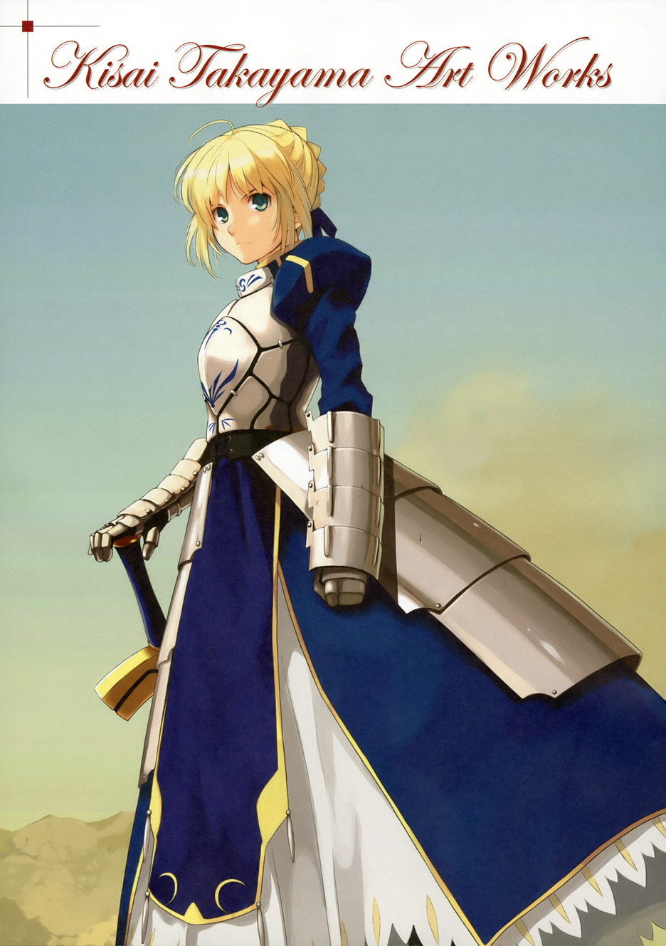 ahoge armor armored_dress blonde_hair dress excalibur fate/stay_night fate_(series) faulds green_eyes hair_ribbon hand_on_hilt highres ribbon saber solo sword takayama_kisai weapon