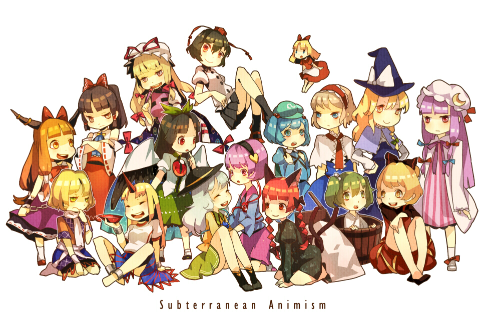 alice_margatroid animal_ears apron arm_crossed ascot black_hair black_hiar blonde_hair blue_eyes blue_hair bow braid brown_eyes brown_hair bucket capelet cat_ears clea closed_eyes crescent crossed_arms detached_sleeves eyes_closed flying frills green_eyes green_hair grey_hair hair_bobbles hair_bow hair_ornament hairband hakurei_reimu hat hat_bow heart horn hoshiguma_yuugi ibuki_suika in_bucket in_container kaenbyou_rin kawashiro_nitori kirisame_marisa kisume komeiji_koishi komeiji_satori kurodani_yamame leaning long_hair mizuhashi_parsee multiple_girls open_mouth orange_hair patchouli_knowledge pink_eyes pink_hair ponytail purple_hair red_eyes red_hair redhead reiuji_utsuho sakazuki seiza shameimaru_aya shanghai_doll shirt short_hair simple_background sitting skirt sleeveless smile subterranean_animism third_eye tokin_hat touhou twin_braids twintails vest white_background wide_sleeves wings yakumo_yukari yellow_eyes