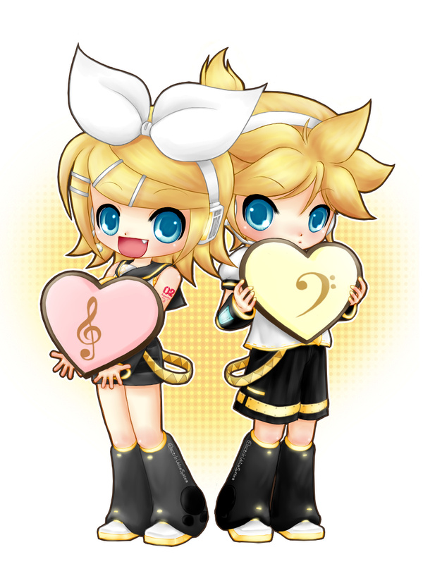 1boy 1girl :d bangs bass_clef blonde_hair blue_eyes blush bow chibi detached_sleeves fang hair_bow hair_ornament hairclip headphones heart holding holding_heart kagamine_len kagamine_rin kayano_celica leg_warmers open_mouth parted_bangs ponytail sailor_collar shirt short_hair short_sleeves shorts sleeveless sleeveless_shirt smile treble_clef vocaloid