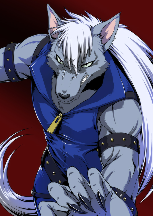 angry black_background clenched_teeth furry gradient gradient_background joka_(hiwai) long_hair male precure red_background smile_precure! solo werewolf white_hair wolfrun