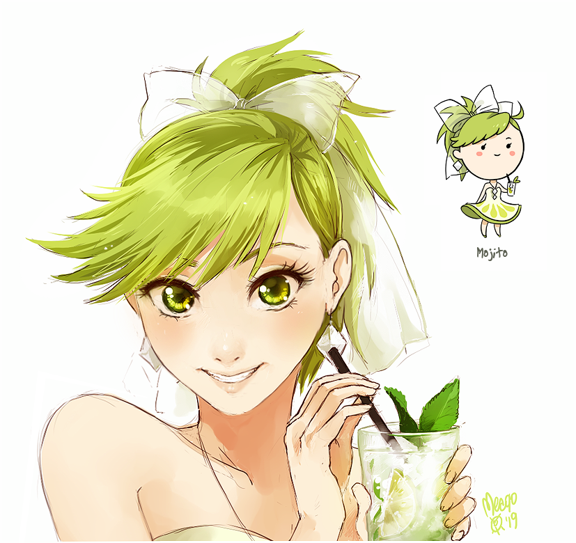 bangs bare_arms blush_stickers bow chibi cup dress drink dual_persona earrings food food_themed_clothes fruit glass green_eyes green_hair hair_bow holding jewelry leaf lime_(fruit) lips long_hair looking_at_viewer matching_hair/eyes meago mojito original personification ponytail portrait rough signature simple_background smile solo straw white_background