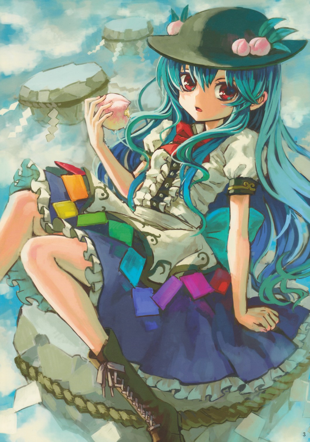 ama-tou blue_hair bow cross-laced_footwear food fruit hat highres hinanawi_tenshi keystone leaf long_hair open_mouth peach puffy_sleeves red_eyes rope scan short_sleeves sitting skirt solo touhou