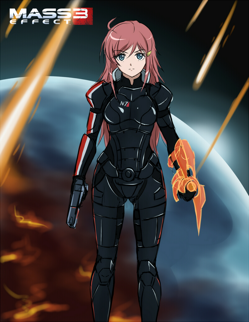 an-bl armor blue_eyes bodysuit commander_shepard commander_shepard_(female) commander_shepard_(female)_(cosplay) cosplay crossover energy_sword gun hair_clip hair_ornament hairclip katou_marika long_hair mass_effect mass_effect_3 miniskirt_pirates n7_armor omni_blade omni_tool pink_hair pistol red_hair solo sword title_drop weapon