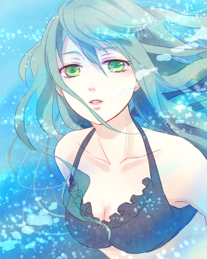 aqua_eyes aqua_hair bare_shoulders bra breasts bust cleavage collarbone frilled_bra frills light_particles lingerie lips long_hair looking_at_viewer ocean original parted_lips rie_(ooorie) solo submerged swimming tears underwear
