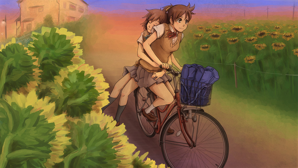 bicycle bonjin brown_eyes brown_hair flower hirasawa_ui hirasawa_yui k-on! landscape multiple_girls ponytail riding school_uniform short_hair siblings sisters skirt sunflower sweater_vest