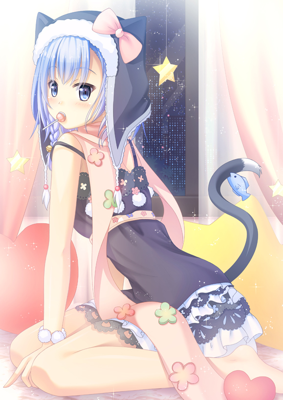 animal_ears barefoot blue_eyes blue_hair blush bow candy cat_ears cat_tail curtains dress fuyu_urara lollipop looking_at_viewer mouth_hold original sitting solo star tail wariza