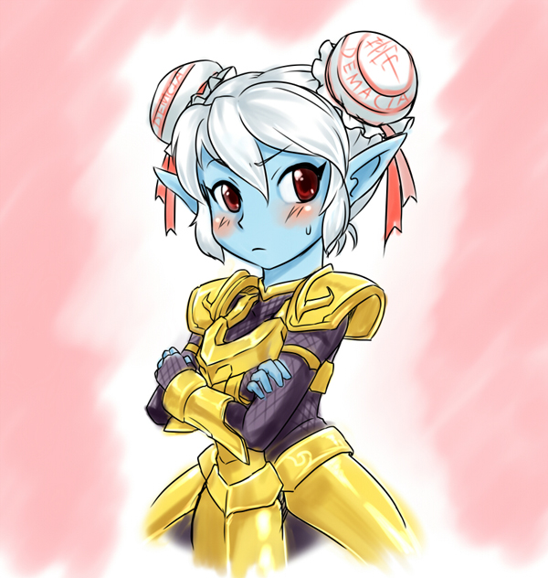 armor blue_skin blush crossed_arms double_bun league_of_legends nam_(valckiry) pointy_ears poppy red_eyes