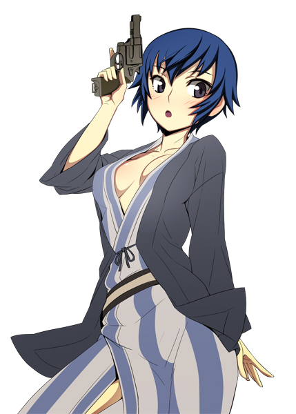 alternate_costume blue_hair blush caryo collar gun japanese_clothes open_mouth persona persona_4 revolver shirogane_naoto short_hair simple_background solo trigger_discipline weapon white_background