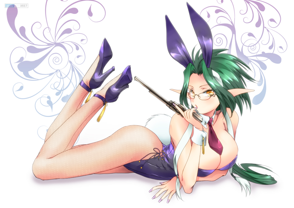 breasts bunny_girl bunny_tail bunnysuit cleavage crossed_ankles fishnet_legwear fishnet_pantyhose fishnets glasses green_hair gun hairband large_breasts legs_up necktie on_stomach original pantyhose payot pointy_ears ponytail revolver solo tail tritails watermark weapon wrist_cuffs yagisaka_seto yellow_eyes