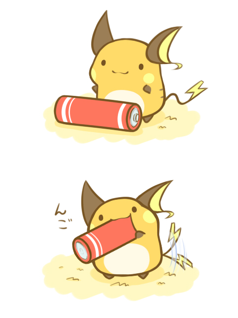 battery cafe_(chuu_no_ouchi) chibi eating minimized mouse no_humans oversized_object pokemon pokemon_(creature) raichu rodent solo tail tail_wagging