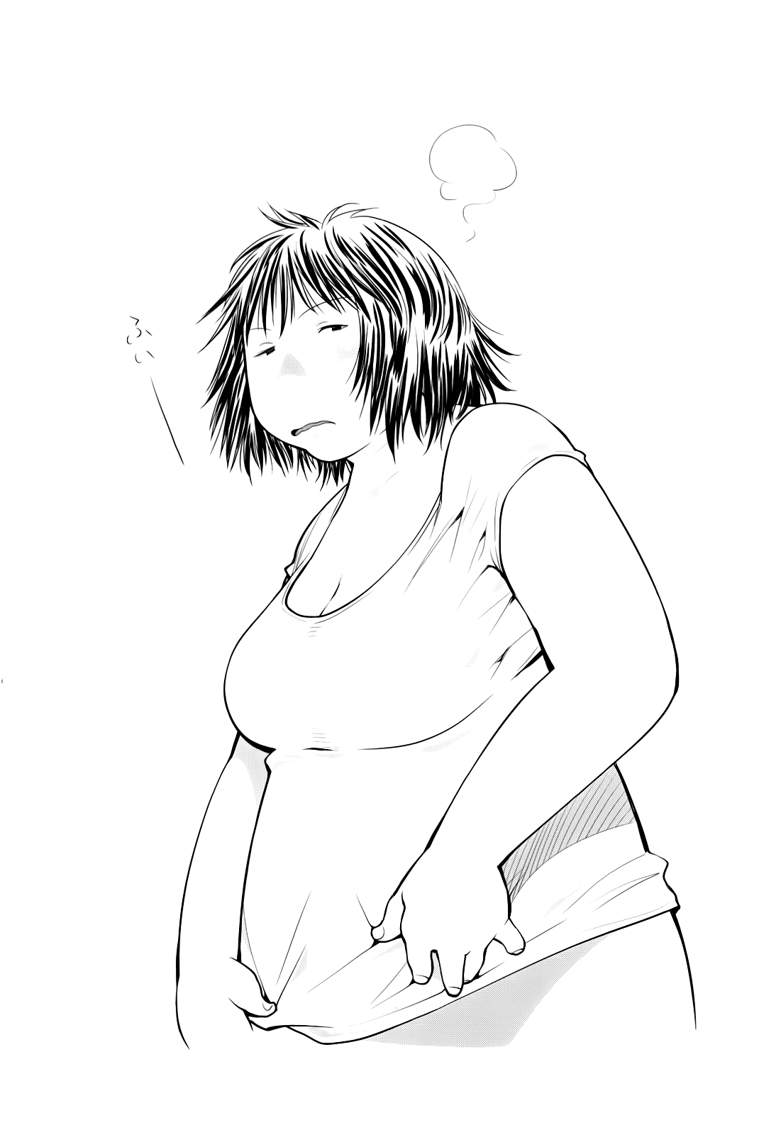 1girl breasts cleavage genshiken highres kio_shimoku monochrome naked_shirt official_art open_mouth plump short_hair t-shirt wavy_mouth yajima_mirei