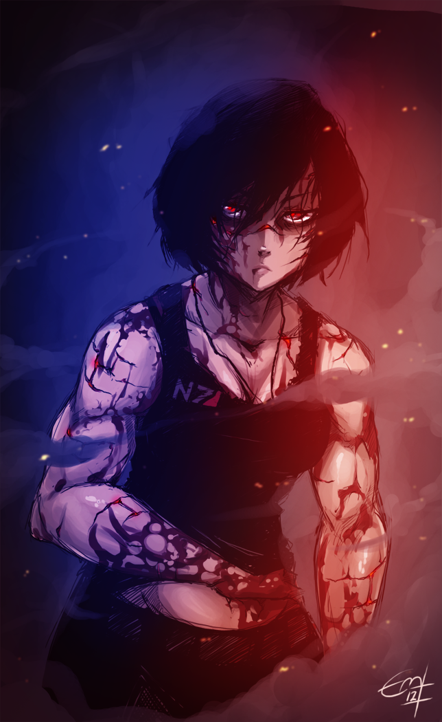 black_hair blood breasts cleavage commander_shepard commander_shepard_(female) commentary cuts dark_persona dog_tags injury mass_effect mass_effect_3 muscle petite-emi red_eyes scar short_hair signature smoke solo tank_top