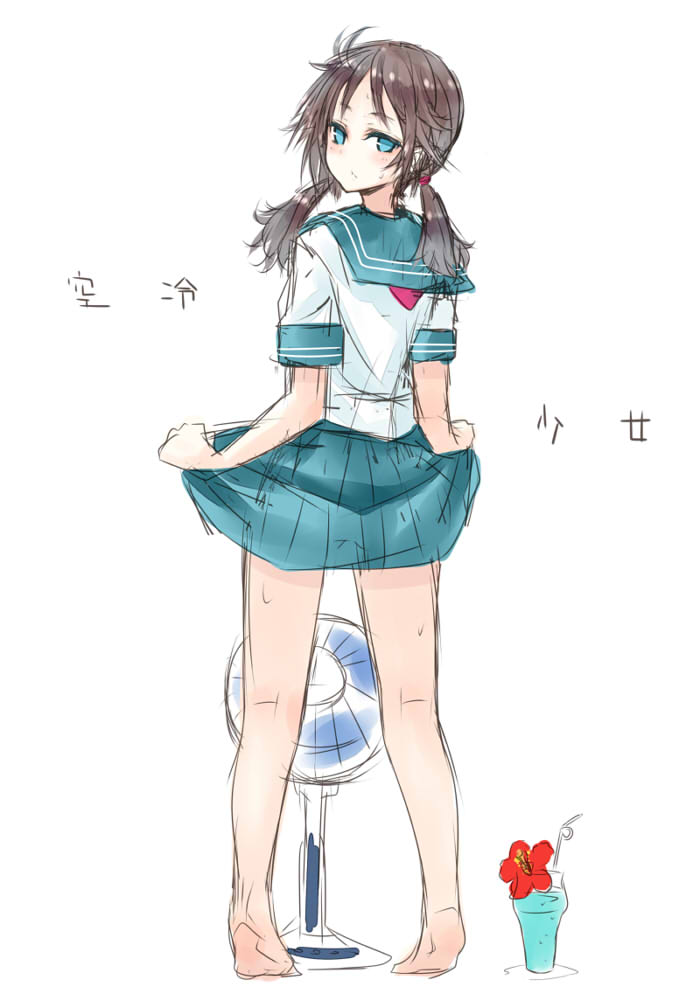 bare_legs barefoot blue_eyes brown_hair drink electric_fan fanning_crotch fanning_self flower from_behind hibiscus legs long_hair looking_back nabeshima_tetsuhiro original school_uniform serafuku short_sleeves sketch skirt skirt_hold solo standing straw sweat tiptoes turning twintails white_background