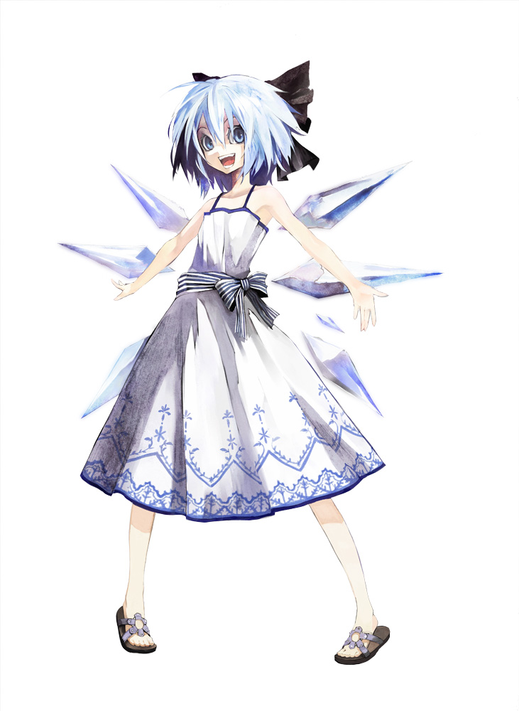 :d alternate_costume banpai_akira bare_shoulders blue_eyes blue_hair bow cirno dress full_body game_cg hair_between_eyes hair_bow ice ice_wings koumajou_densetsu koumajou_densetsu_1 looking_at_viewer open_mouth outstretched_arms ribbon sandals short_hair sleeveless sleeveless_dress smile solo spread_arms striped sundress touhou white_dress wings