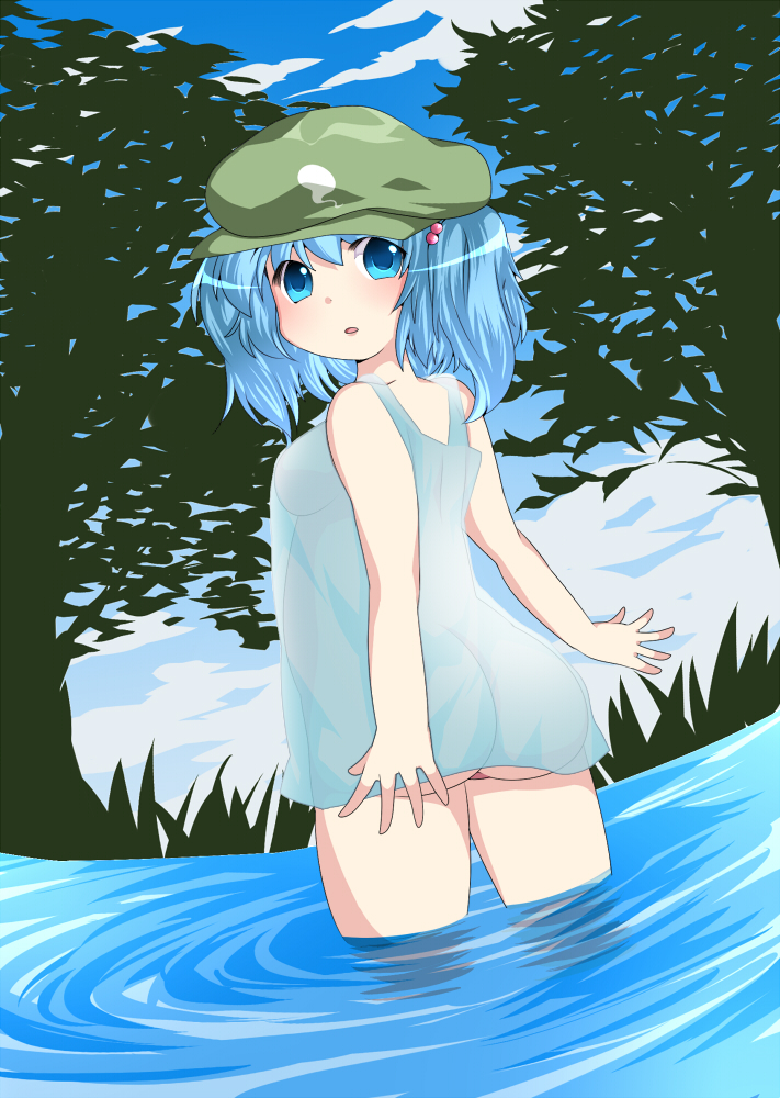 aenobas alternate_costume ass blue_eyes blue_hair cloud clouds hair_bobbles hair_ornament hammer_(sunset_beach) hat kawashiro_nitori open_mouth partially_submerged see-through sky solo touhou tree twintails water