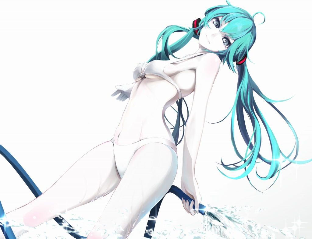 aqua_eyes aqua_hair bikini breasts cleavage erise hatsune_miku long_hair looking_at_viewer pale_skin simple_background smile solo swimsuit twintails under_boob underboob very_long_hair vocaloid water